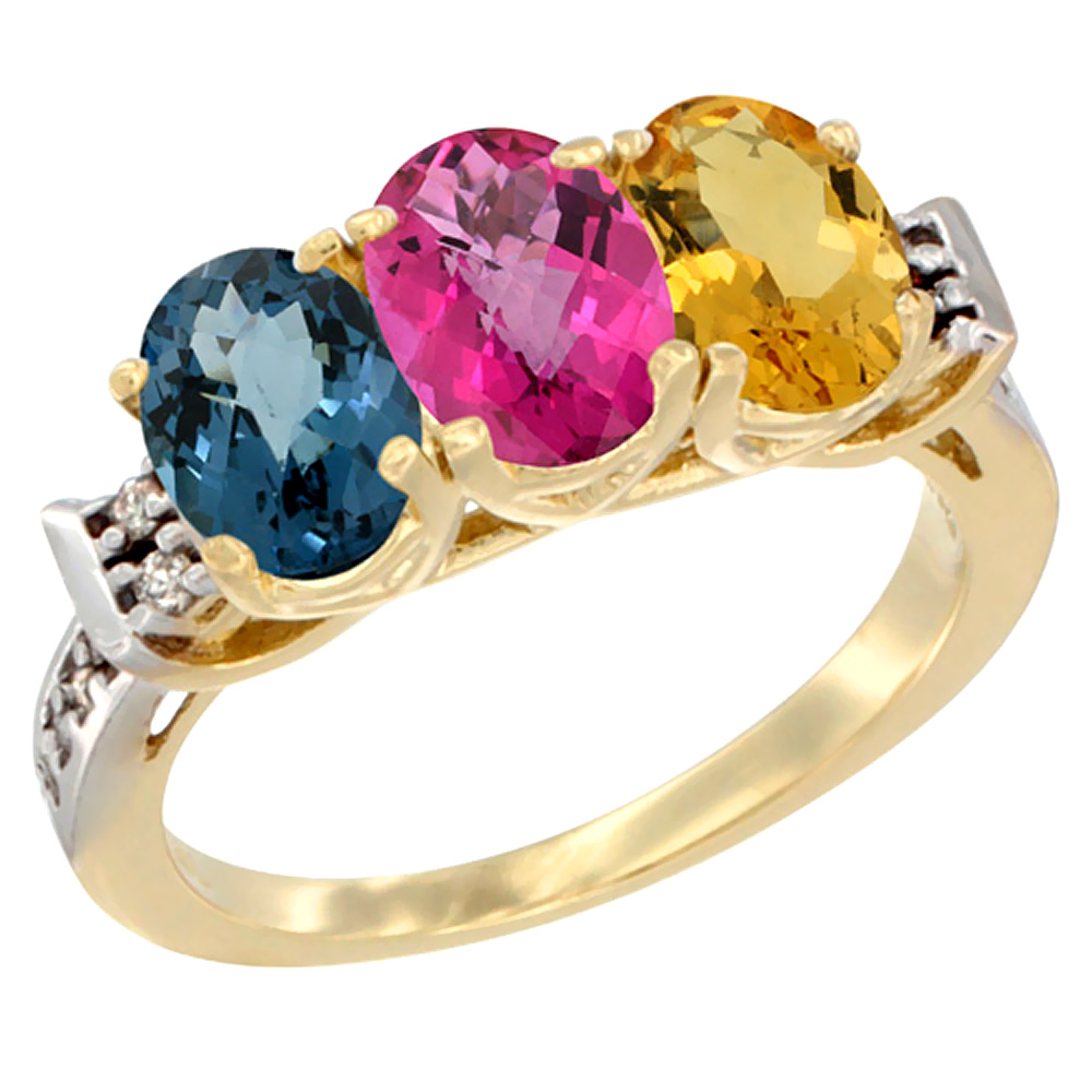 14K Yellow Gold Natural London Blue Topaz, Pink Topaz & Citrine Ring 3-Stone 7x5 mm Oval Diamond Accent, sizes 5 - 10