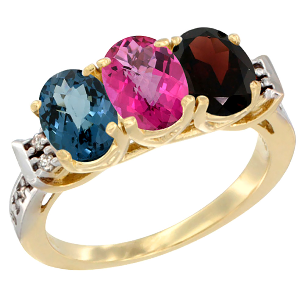 10K Yellow Gold Natural London Blue Topaz, Pink Topaz & Garnet Ring 3-Stone Oval 7x5 mm Diamond Accent, sizes 5 - 10