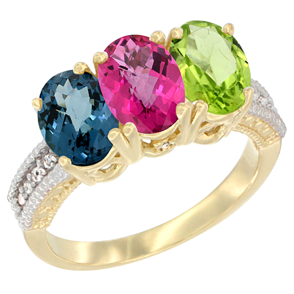 10K Yellow Gold Diamond Natural London Blue Topaz, Pink Topaz & Peridot Ring 3-Stone Oval 7x5 mm, sizes 5 - 10