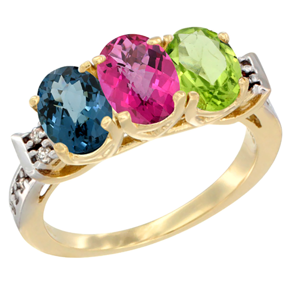 14K Yellow Gold Natural London Blue Topaz, Pink Topaz & Peridot Ring 3-Stone 7x5 mm Oval Diamond Accent, sizes 5 - 10