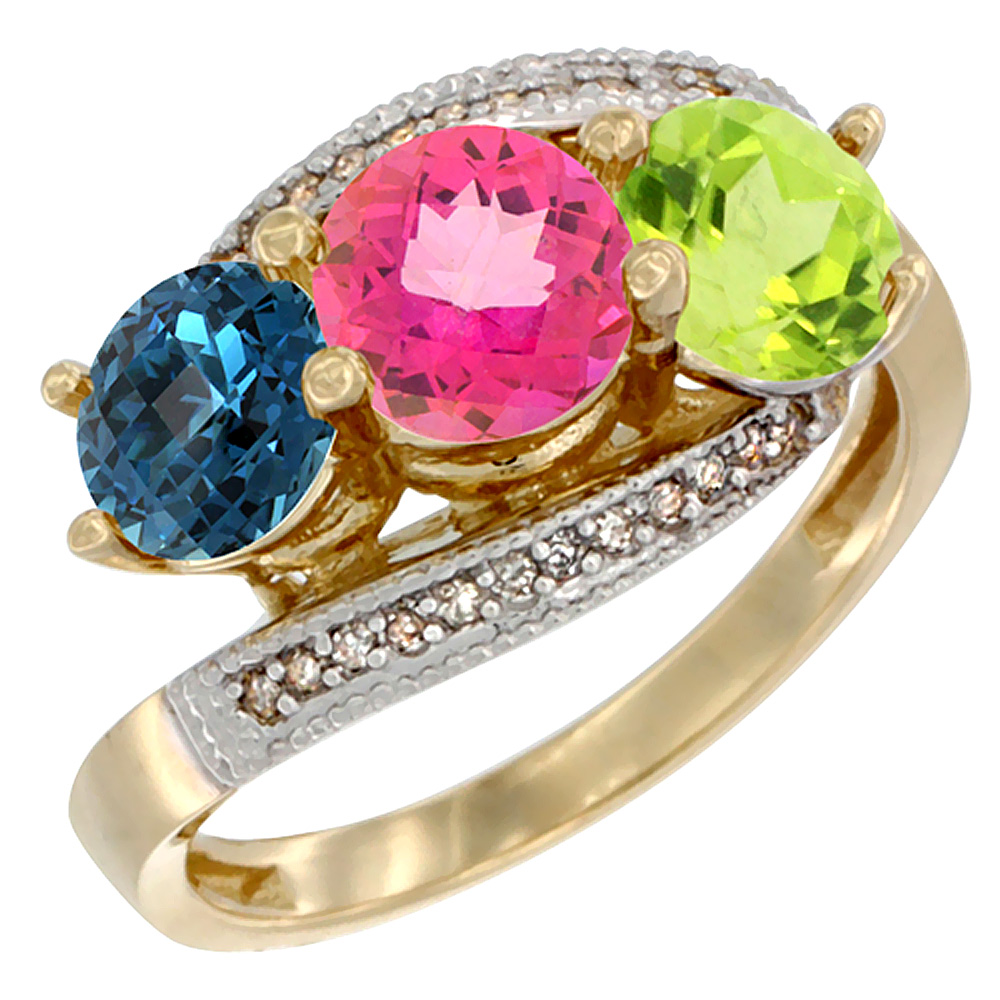 14K Yellow Gold Natural London Blue Topaz, Pink Topaz & Peridot 3 stone Ring Round 6mm Diamond Accent, sizes 5 - 10