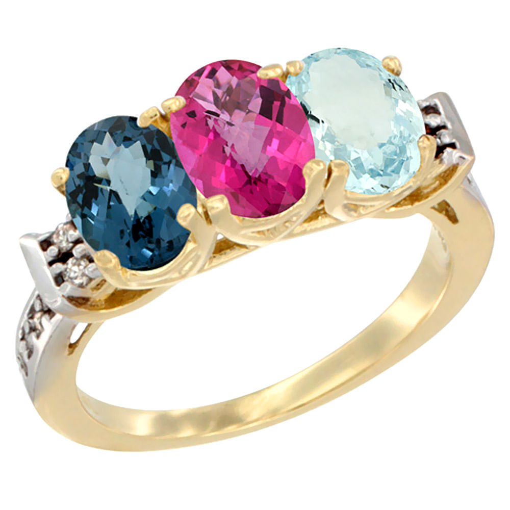 14K Yellow Gold Natural London Blue Topaz, Pink Topaz & Aquamarine Ring 3-Stone 7x5 mm Oval Diamond Accent, sizes 5 - 10