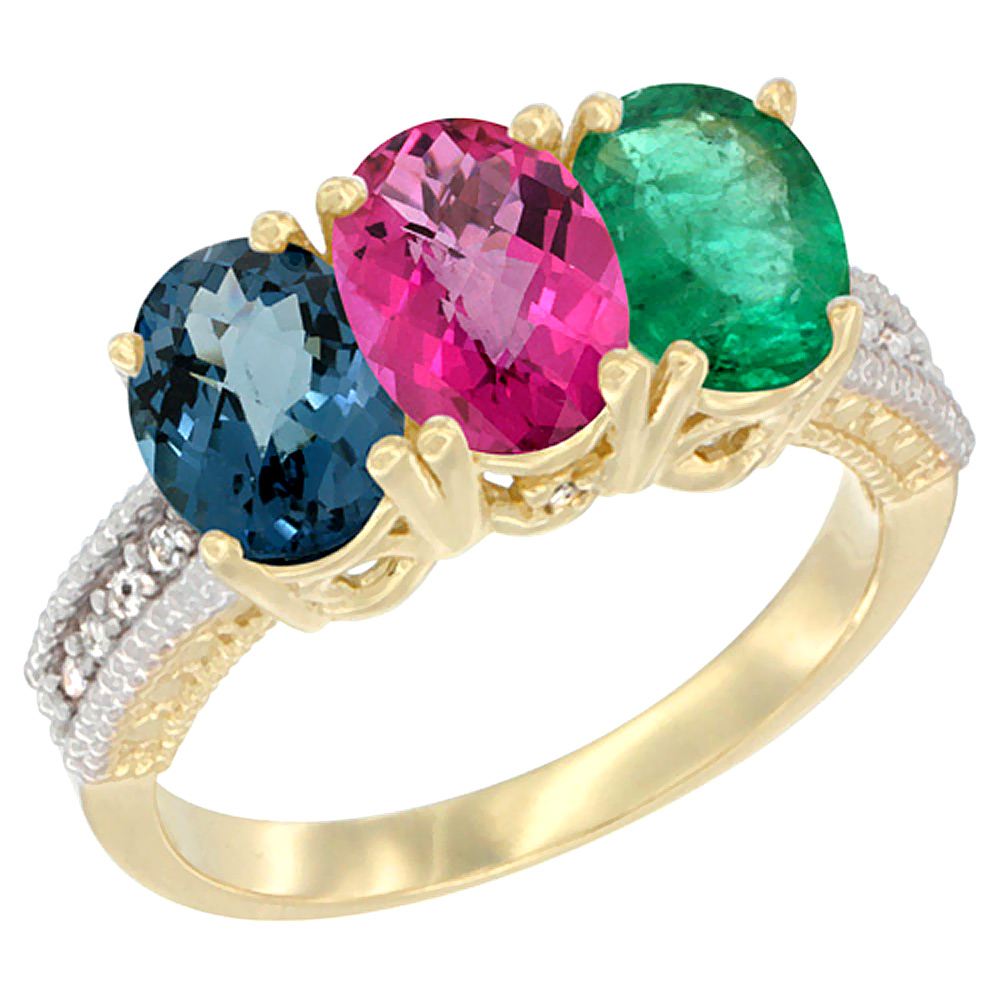 14K Yellow Gold Natural London Blue Topaz, Pink Topaz & Emerald Ring 3-Stone 7x5 mm Oval Diamond Accent, sizes 5 - 10