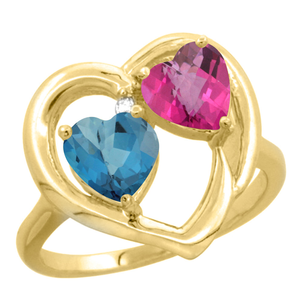 14K Yellow Gold Diamond Two-stone Heart Ring 6mm Natural London Blue Topaz &amp; Pink Topaz, sizes 5-10