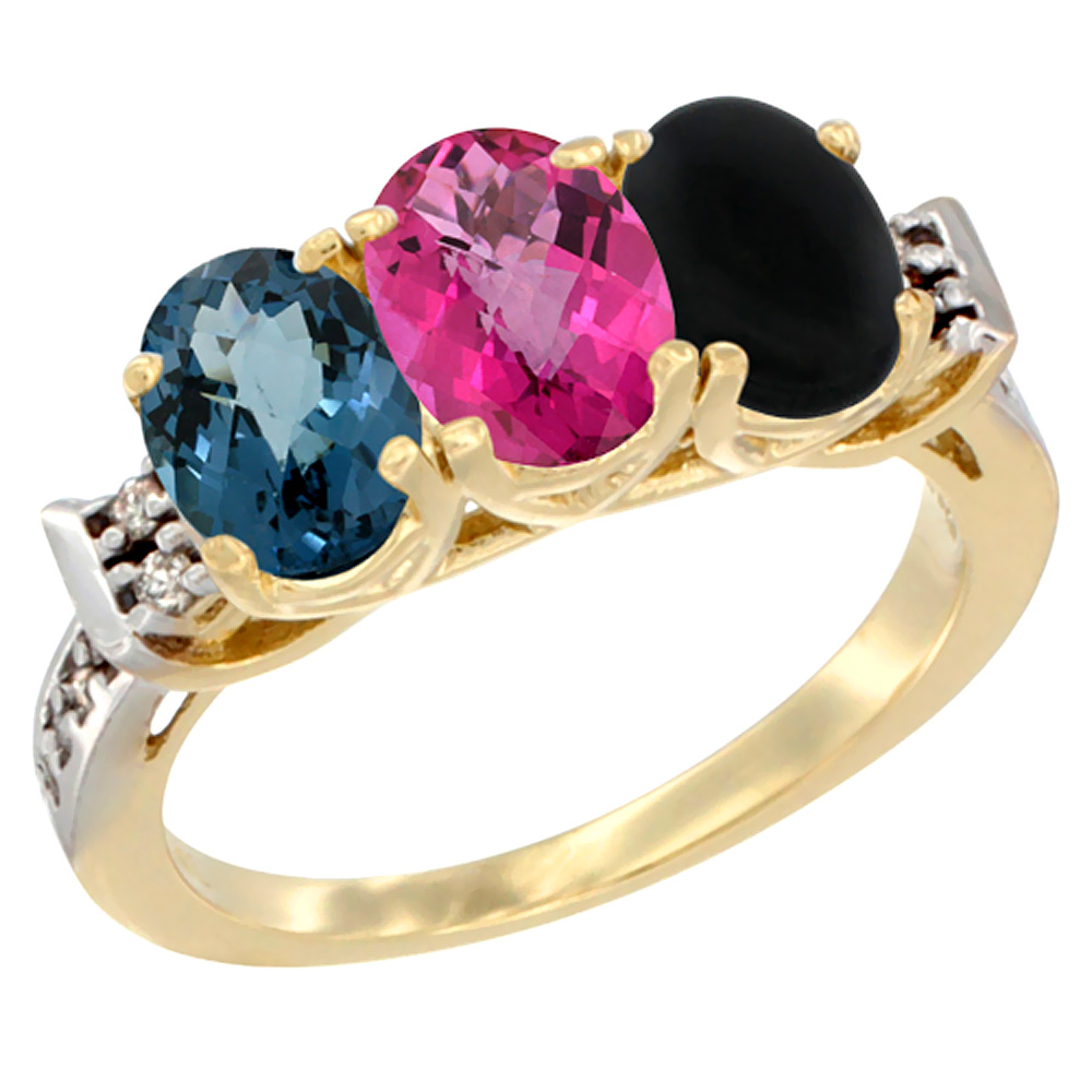 10K Yellow Gold Natural London Blue Topaz, Pink Topaz &amp; Black Onyx Ring 3-Stone Oval 7x5 mm Diamond Accent, sizes 5 - 10