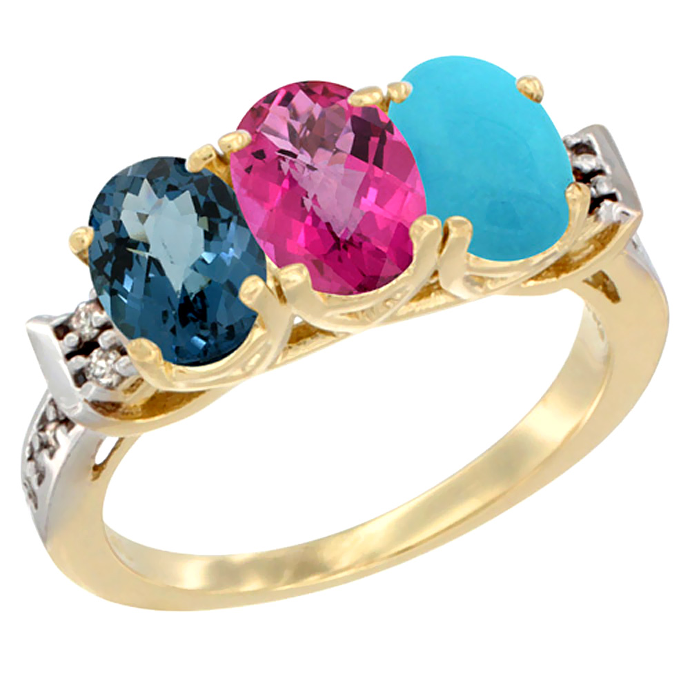 14K Yellow Gold Natural London Blue Topaz, Pink Topaz & Turquoise Ring 3-Stone 7x5 mm Oval Diamond Accent, sizes 5 - 10