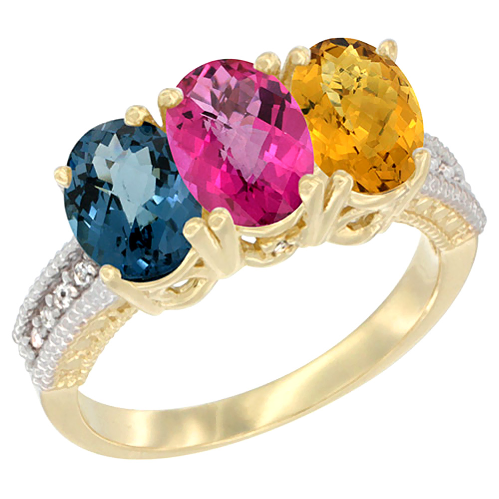 14K Yellow Gold Natural London Blue Topaz, Pink Topaz &amp; Whisky Quartz Ring 3-Stone 7x5 mm Oval Diamond Accent, sizes 5 - 10