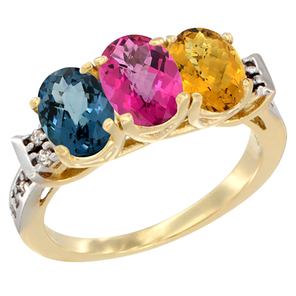 14K Yellow Gold Natural London Blue Topaz, Pink Topaz & Whisky Quartz Ring 3-Stone 7x5 mm Oval Diamond Accent, sizes 5 - 10