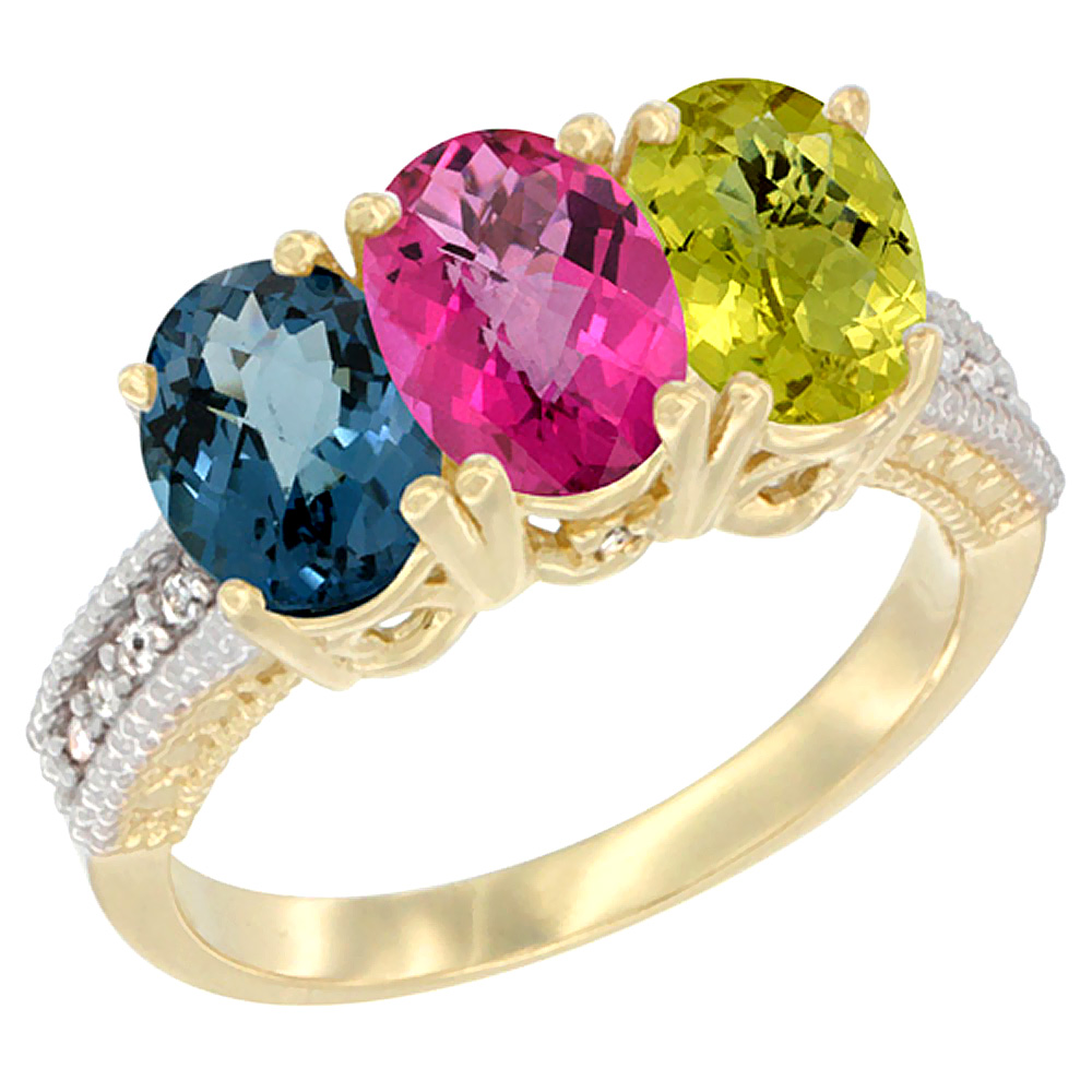 14K Yellow Gold Natural London Blue Topaz, Pink Topaz &amp; Lemon Quartz Ring 3-Stone 7x5 mm Oval Diamond Accent, sizes 5 - 10