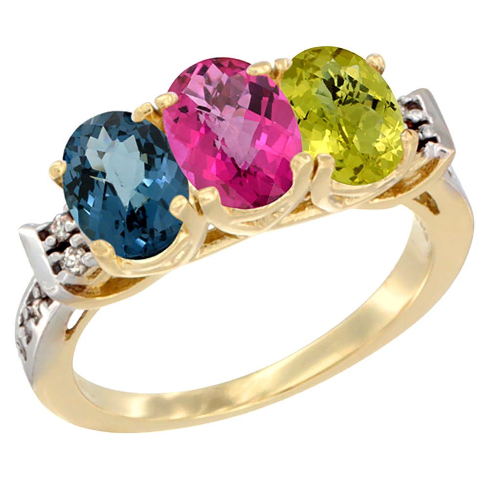 10K Yellow Gold Natural London Blue Topaz, Pink Topaz & Lemon Quartz Ring 3-Stone Oval 7x5 mm Diamond Accent, sizes 5 - 10