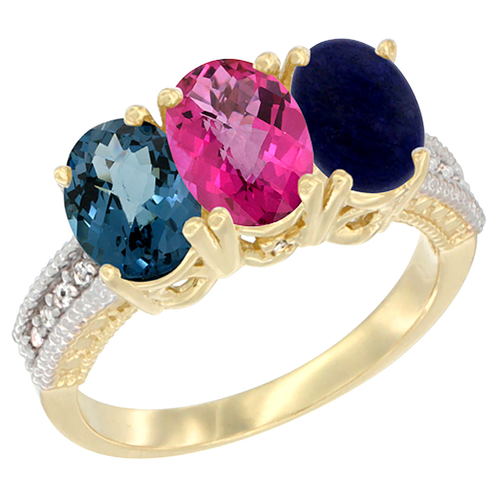 14K Yellow Gold Natural London Blue Topaz, Pink Topaz &amp; Lapis Ring 3-Stone 7x5 mm Oval Diamond Accent, sizes 5 - 10