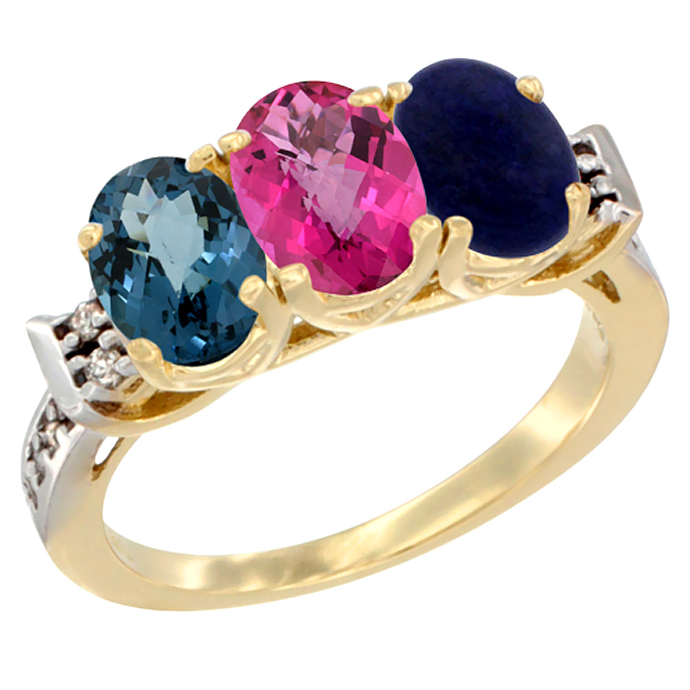 14K Yellow Gold Natural London Blue Topaz, Pink Topaz & Lapis Ring 3-Stone 7x5 mm Oval Diamond Accent, sizes 5 - 10