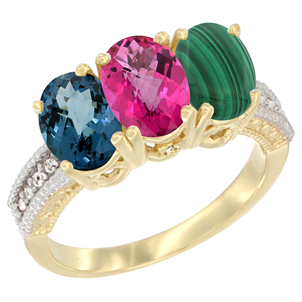 14K Yellow Gold Natural London Blue Topaz, Pink Topaz & Malachite Ring 3-Stone 7x5 mm Oval Diamond Accent, sizes 5 - 10