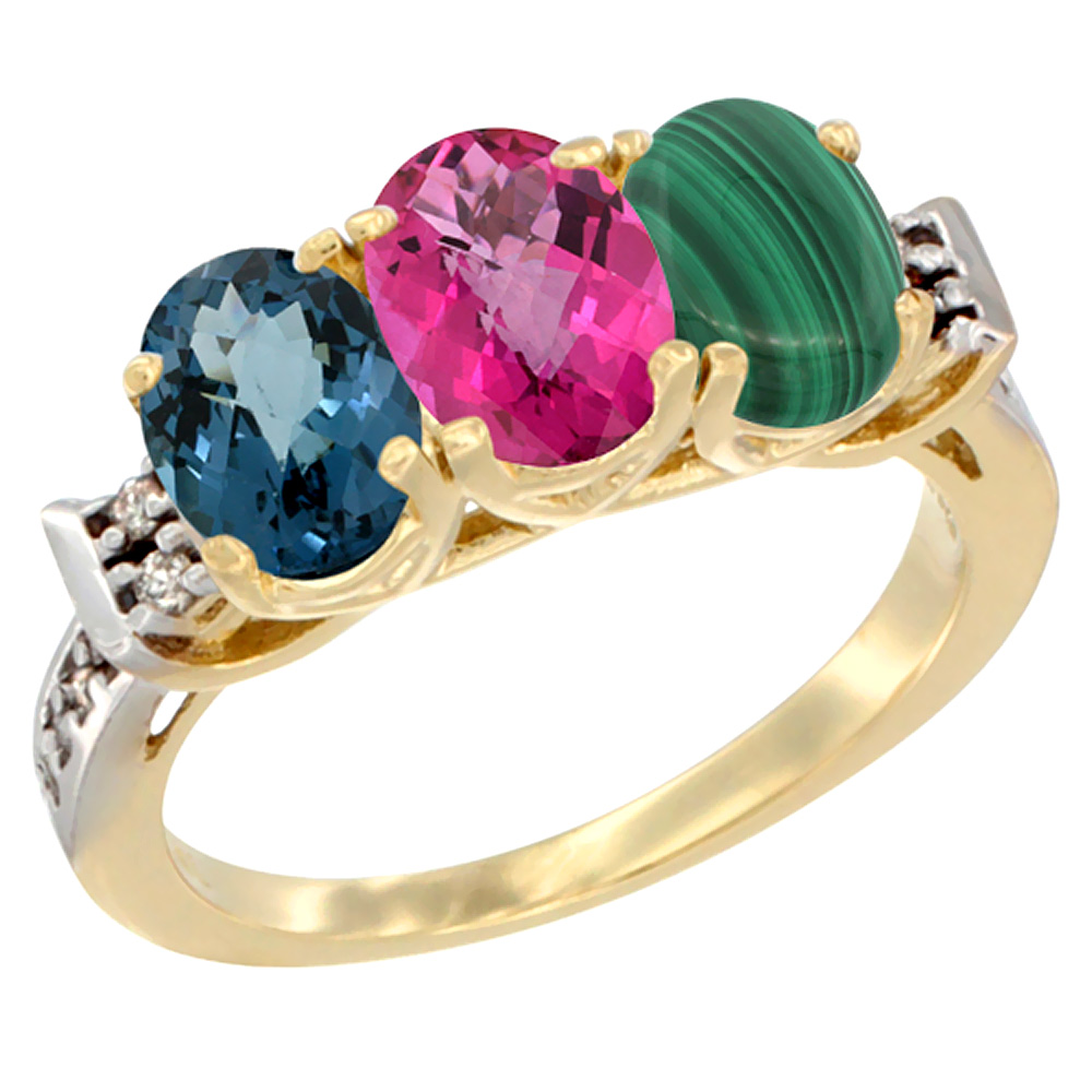 10K Yellow Gold Natural London Blue Topaz, Pink Topaz & Malachite Ring 3-Stone Oval 7x5 mm Diamond Accent, sizes 5 - 10