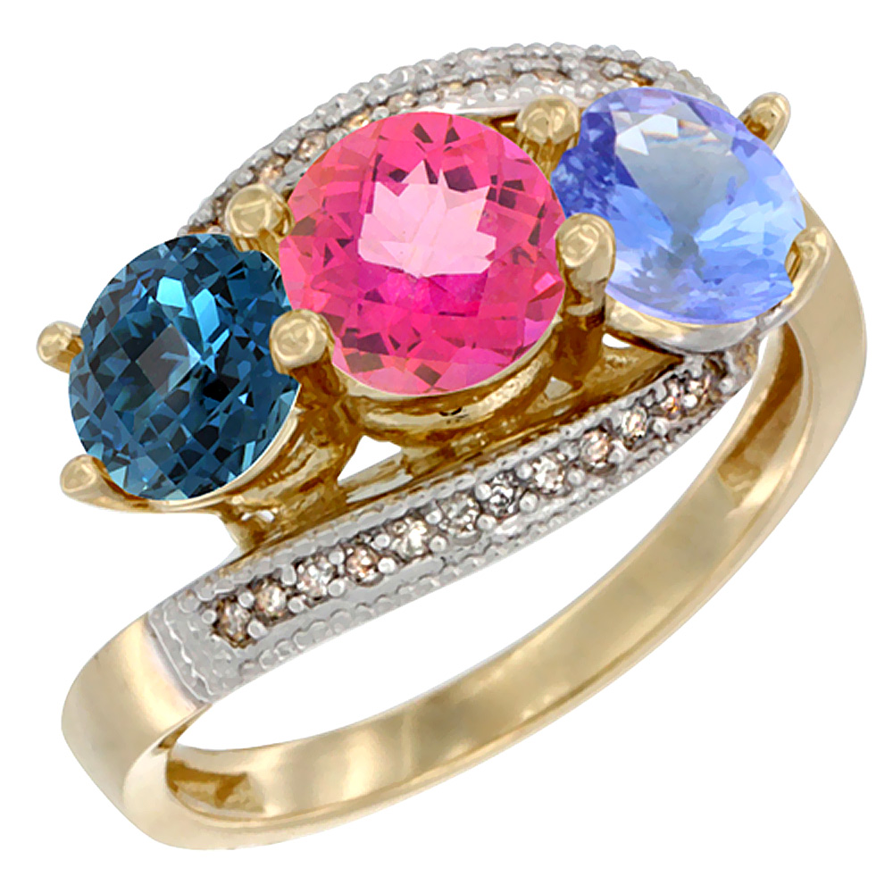 14K Yellow Gold Natural London Blue Topaz, Pink Topaz &amp; Tanzanite 3 stone Ring Round 6mm Diamond Accent, sizes 5 - 10