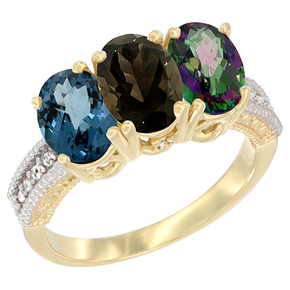 10K Yellow Gold Diamond Natural London Blue Topaz, Smoky Topaz & Mystic Topaz Ring 3-Stone Oval 7x5 mm, sizes 5 - 10