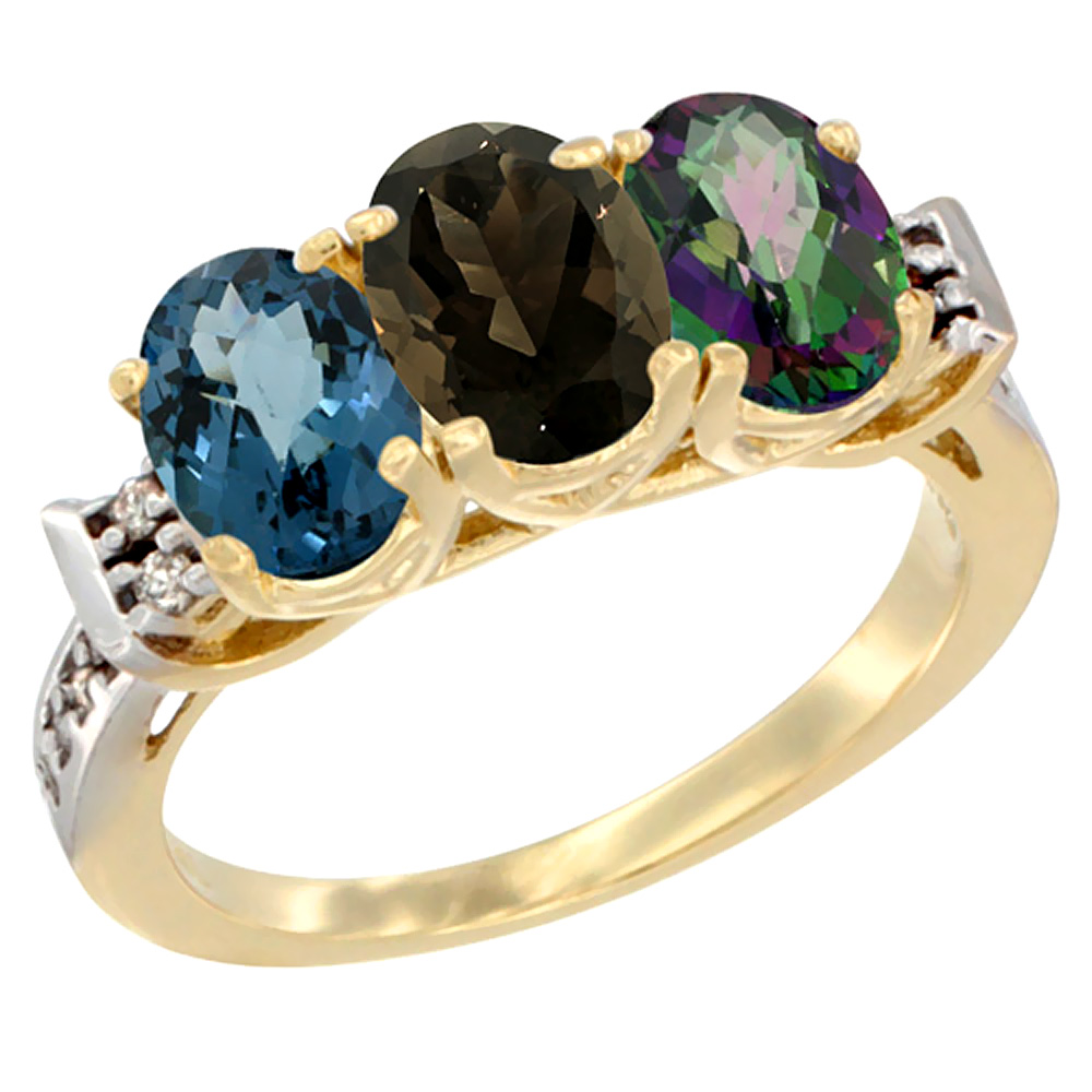 10K Yellow Gold Natural London Blue Topaz, Smoky Topaz & Mystic Topaz Ring 3-Stone Oval 7x5 mm Diamond Accent, sizes 5 - 10