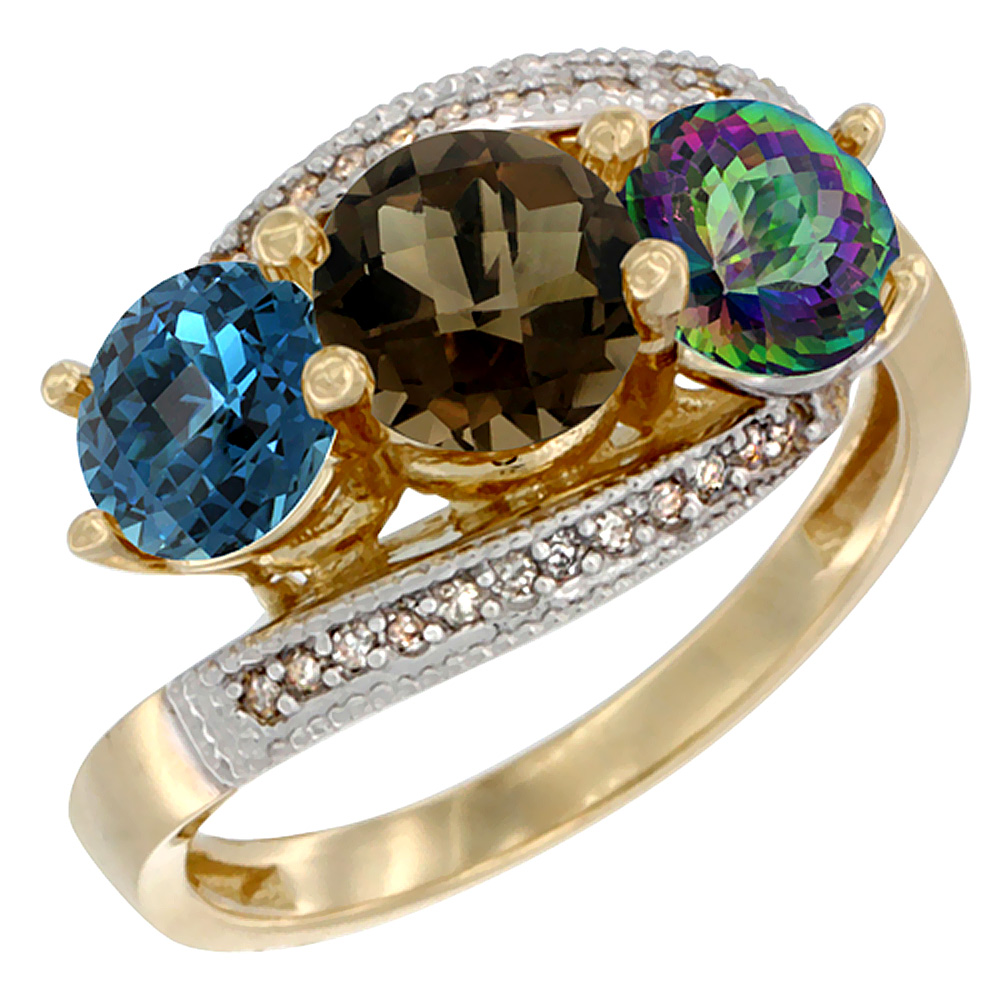 14K Yellow Gold Natural London Blue Topaz, Smoky &amp; Mystic Topaz 3 stone Ring Round 6mm Diamond Accent, sizes 5 - 10