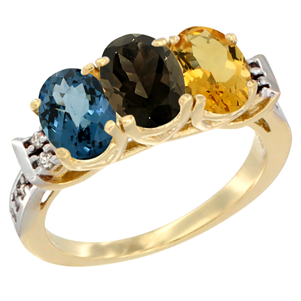 14K Yellow Gold Natural London Blue Topaz, Smoky Topaz & Citrine Ring 3-Stone 7x5 mm Oval Diamond Accent, sizes 5 - 10