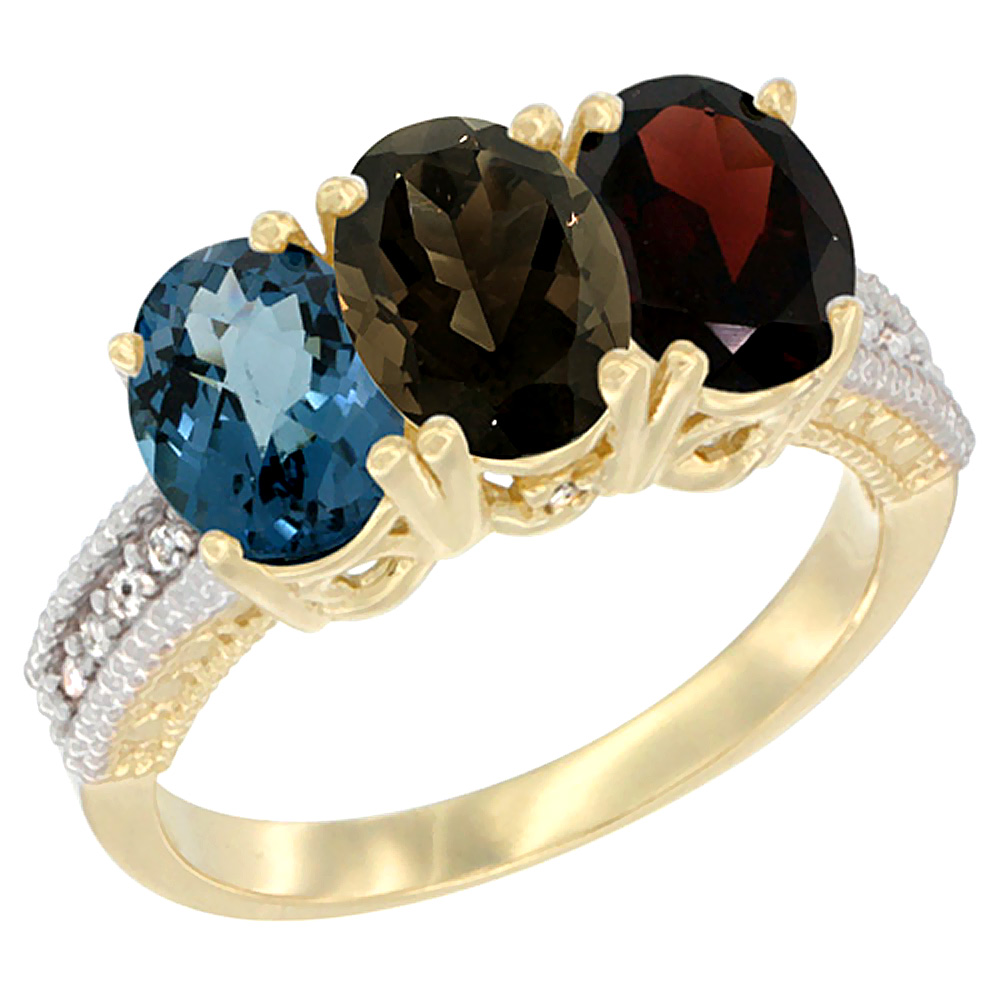 14K Yellow Gold Natural London Blue Topaz, Smoky Topaz & Garnet Ring 3-Stone 7x5 mm Oval Diamond Accent, sizes 5 - 10