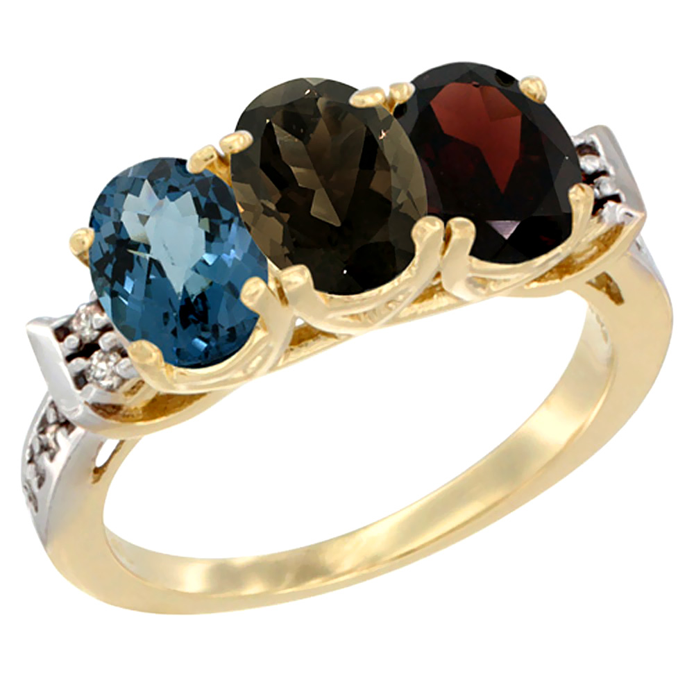 10K Yellow Gold Natural London Blue Topaz, Smoky Topaz &amp; Garnet Ring 3-Stone Oval 7x5 mm Diamond Accent, sizes 5 - 10