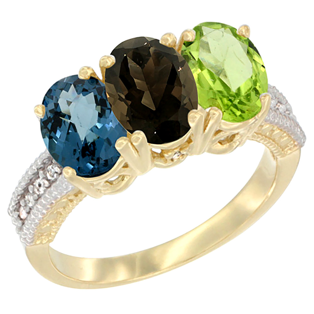 10K Yellow Gold Diamond Natural London Blue Topaz, Smoky Topaz & Peridot Ring 3-Stone Oval 7x5 mm, sizes 5 - 10