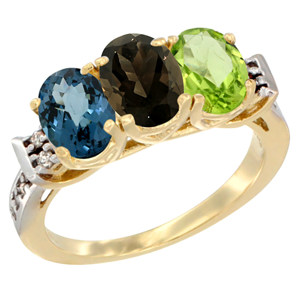 10K Yellow Gold Natural London Blue Topaz, Smoky Topaz & Peridot Ring 3-Stone Oval 7x5 mm Diamond Accent, sizes 5 - 10