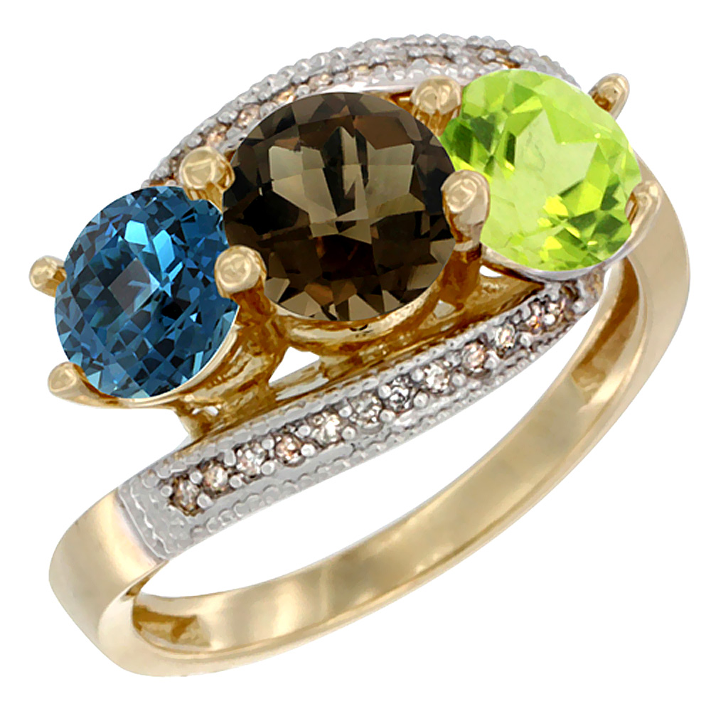 10K Yellow Gold Natural London Blue Topaz, Smoky Topaz &amp; Peridot 3 stone Ring Round 6mm Diamond Accent, sizes 5 - 10