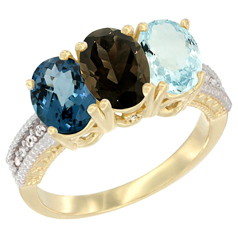 14K Yellow Gold Natural London Blue Topaz, Smoky Topaz & Aquamarine Ring 3-Stone 7x5 mm Oval Diamond Accent, sizes 5 - 10