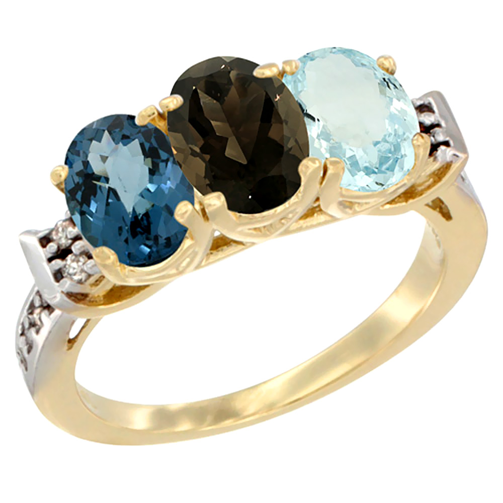 10K Yellow Gold Natural London Blue Topaz, Smoky Topaz &amp; Aquamarine Ring 3-Stone Oval 7x5 mm Diamond Accent, sizes 5 - 10