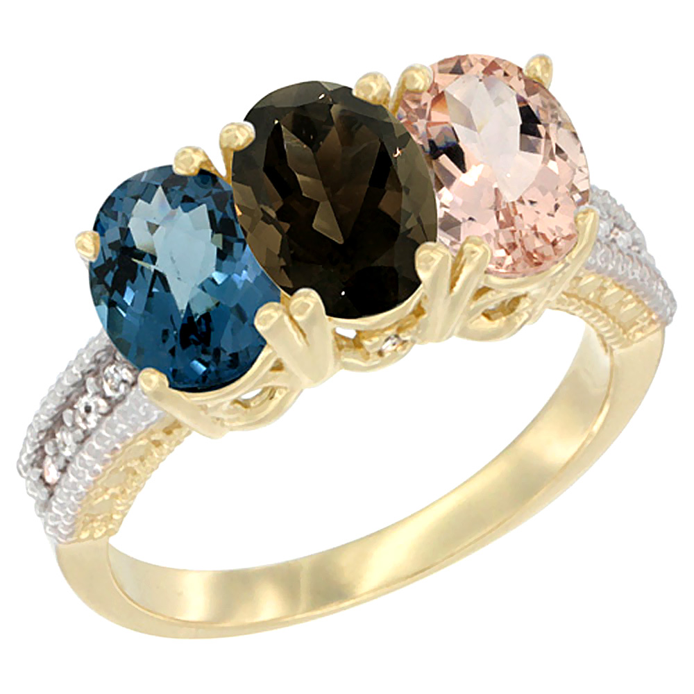 14K Yellow Gold Natural London Blue Topaz, Smoky Topaz &amp; Morganite Ring 3-Stone 7x5 mm Oval Diamond Accent, sizes 5 - 10