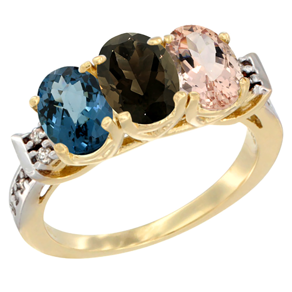 14K Yellow Gold Natural London Blue Topaz, Smoky Topaz & Morganite Ring 3-Stone 7x5 mm Oval Diamond Accent, sizes 5 - 10