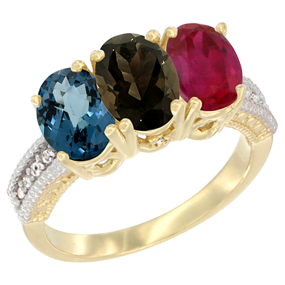 10K Yellow Gold Diamond Natural London Blue Topaz, Smoky Topaz & Ruby Ring 3-Stone Oval 7x5 mm, sizes 5 - 10