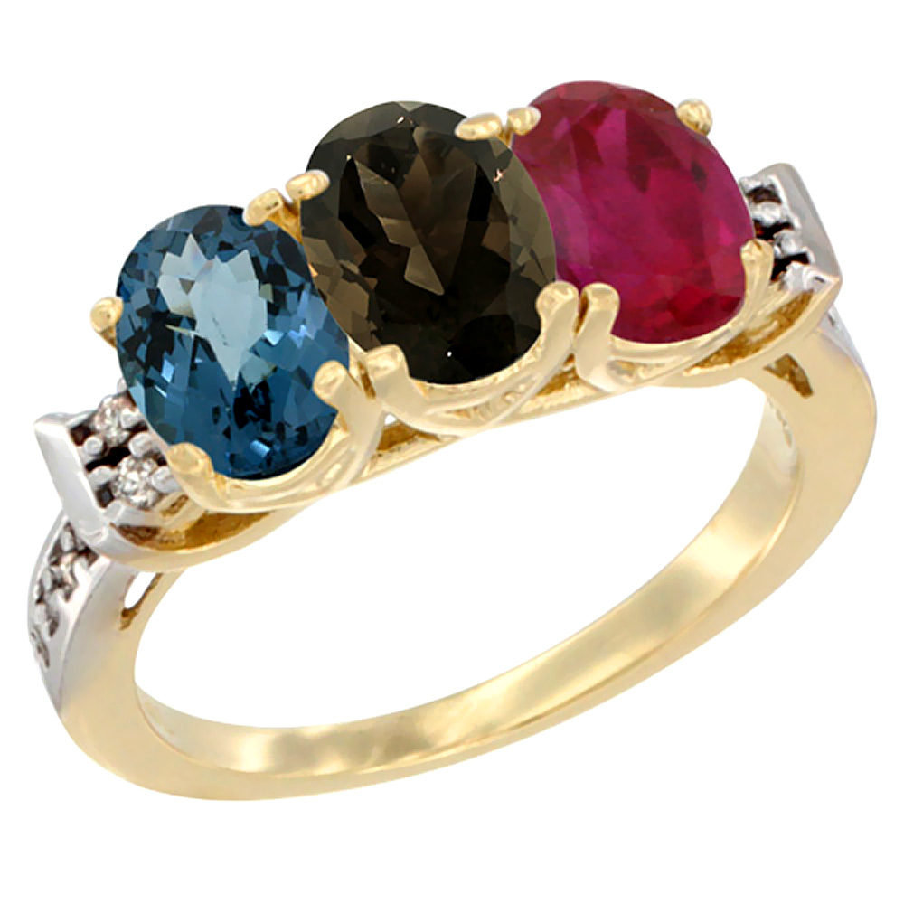 10K Yellow Gold Natural London Blue Topaz, Smoky Topaz & Enhanced Ruby Ring 3-Stone Oval 7x5 mm Diamond Accent, sizes 5 - 10