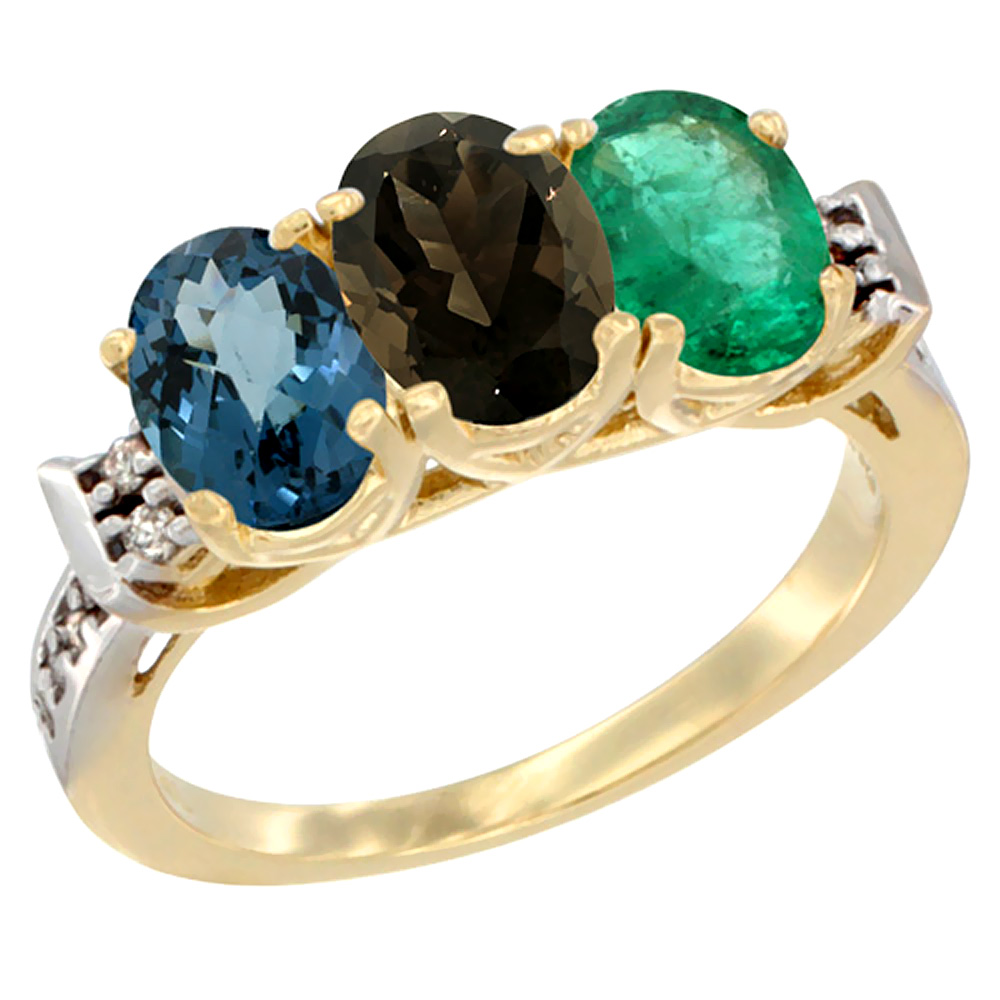 14K Yellow Gold Natural London Blue Topaz, Smoky Topaz & Emerald Ring 3-Stone 7x5 mm Oval Diamond Accent, sizes 5 - 10