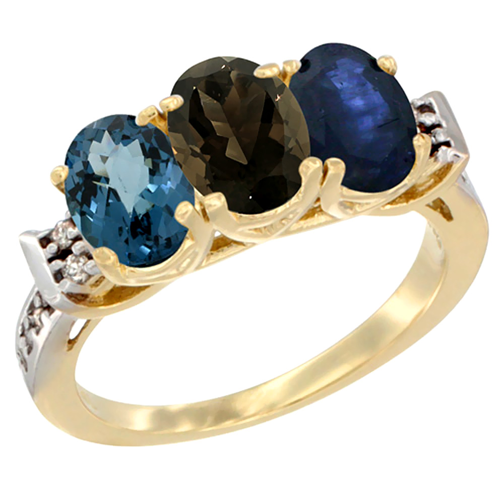 14K Yellow Gold Natural London Blue Topaz, Smoky Topaz &amp; Blue Sapphire Ring 3-Stone 7x5 mm Oval Diamond Accent, sizes 5 - 10