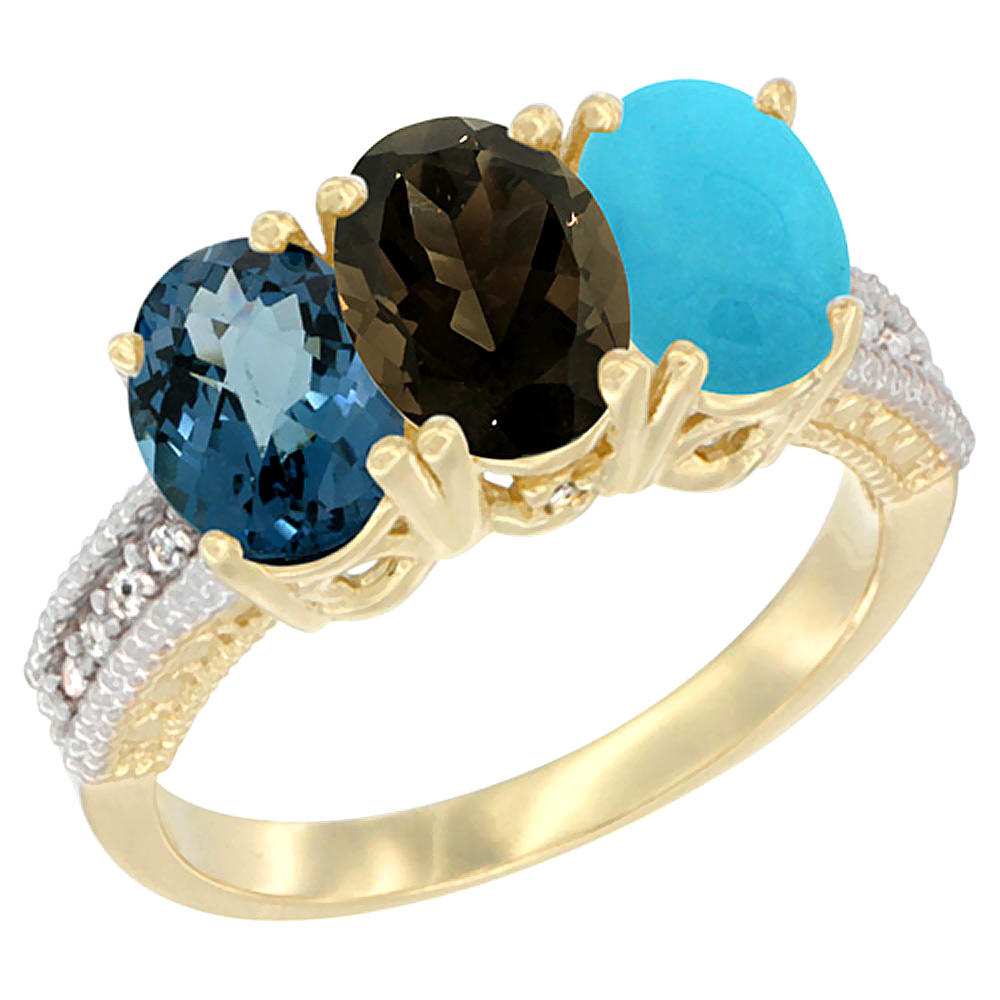 14K Yellow Gold Natural London Blue Topaz, Smoky Topaz & Turquoise Ring 3-Stone 7x5 mm Oval Diamond Accent, sizes 5 - 10