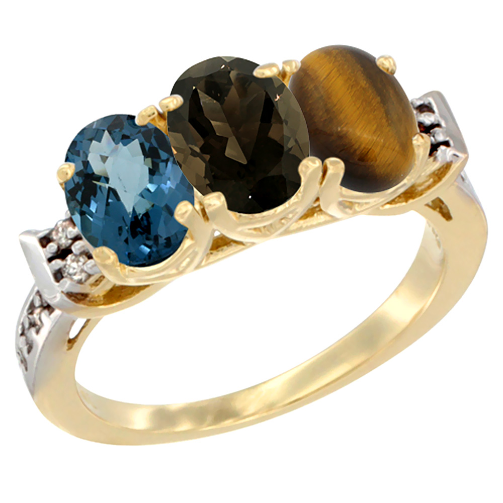 14K Yellow Gold Natural London Blue Topaz, Smoky Topaz &amp; Tiger Eye Ring 3-Stone 7x5 mm Oval Diamond Accent, sizes 5 - 10