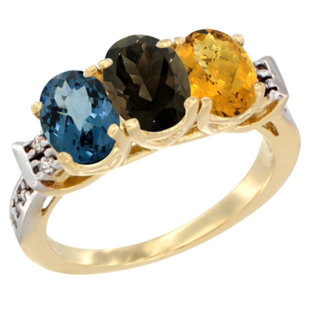 10K Yellow Gold Natural London Blue Topaz, Smoky Topaz & Whisky Quartz Ring 3-Stone Oval 7x5 mm Diamond Accent, sizes 5 - 10