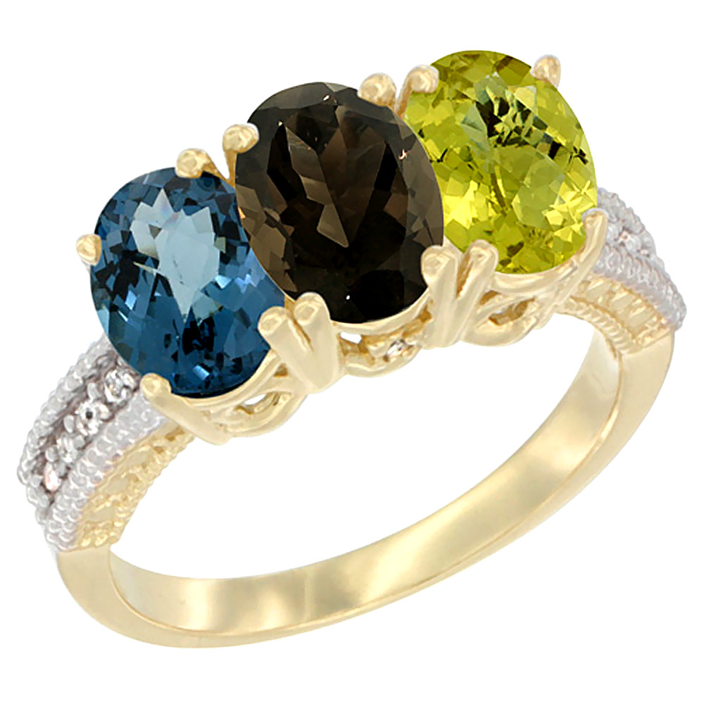 10K Yellow Gold Diamond Natural London Blue Topaz, Smoky Topaz & Lemon Quartz Ring 3-Stone Oval 7x5 mm, sizes 5 - 10