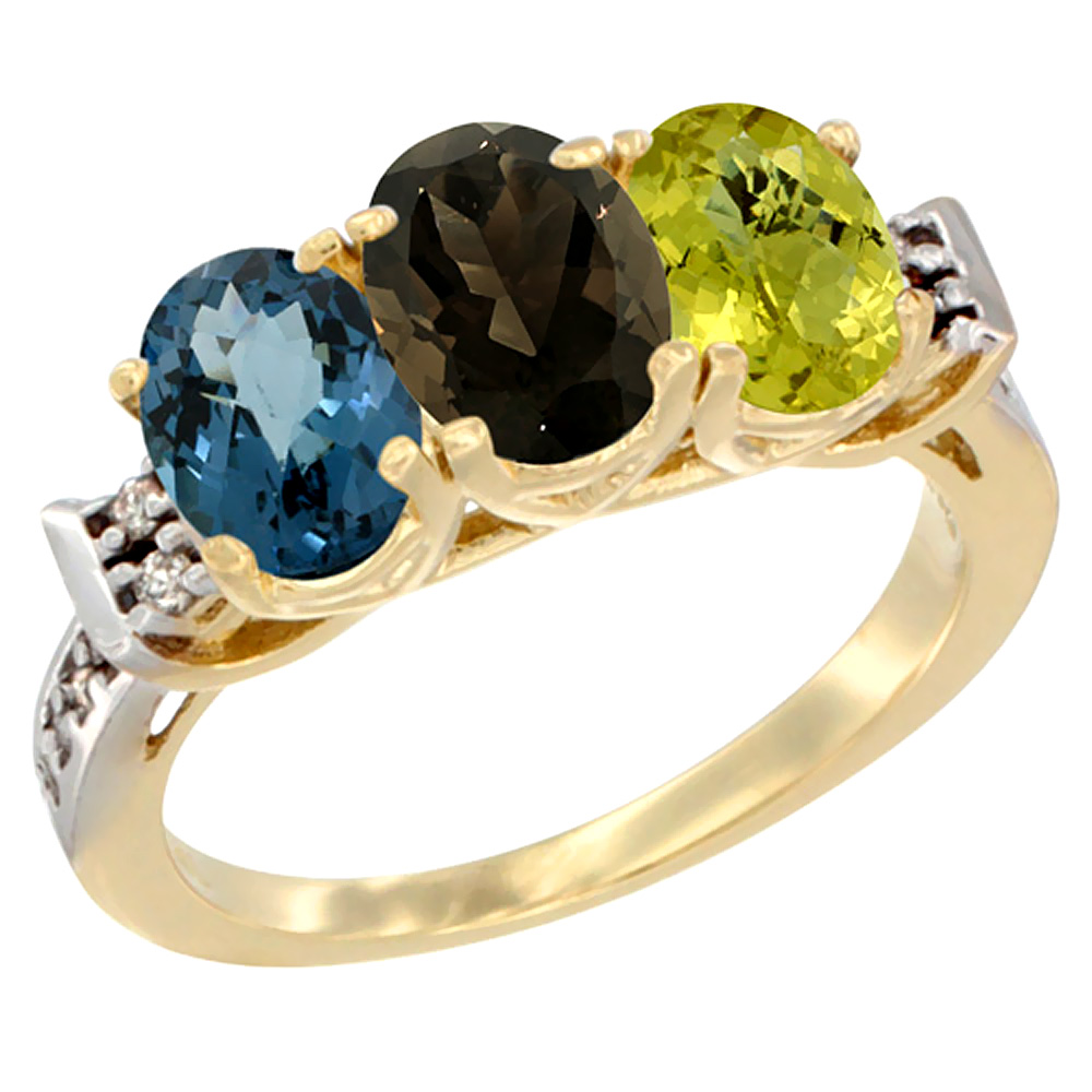 10K Yellow Gold Natural London Blue Topaz, Smoky Topaz & Lemon Quartz Ring 3-Stone Oval 7x5 mm Diamond Accent, sizes 5 - 10