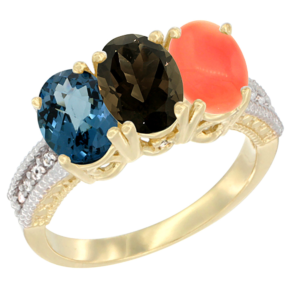 10K Yellow Gold Diamond Natural London Blue Topaz, Smoky Topaz & Coral Ring 3-Stone Oval 7x5 mm, sizes 5 - 10