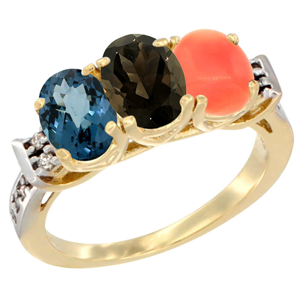 14K Yellow Gold Natural London Blue Topaz, Smoky Topaz & Coral Ring 3-Stone 7x5 mm Oval Diamond Accent, sizes 5 - 10