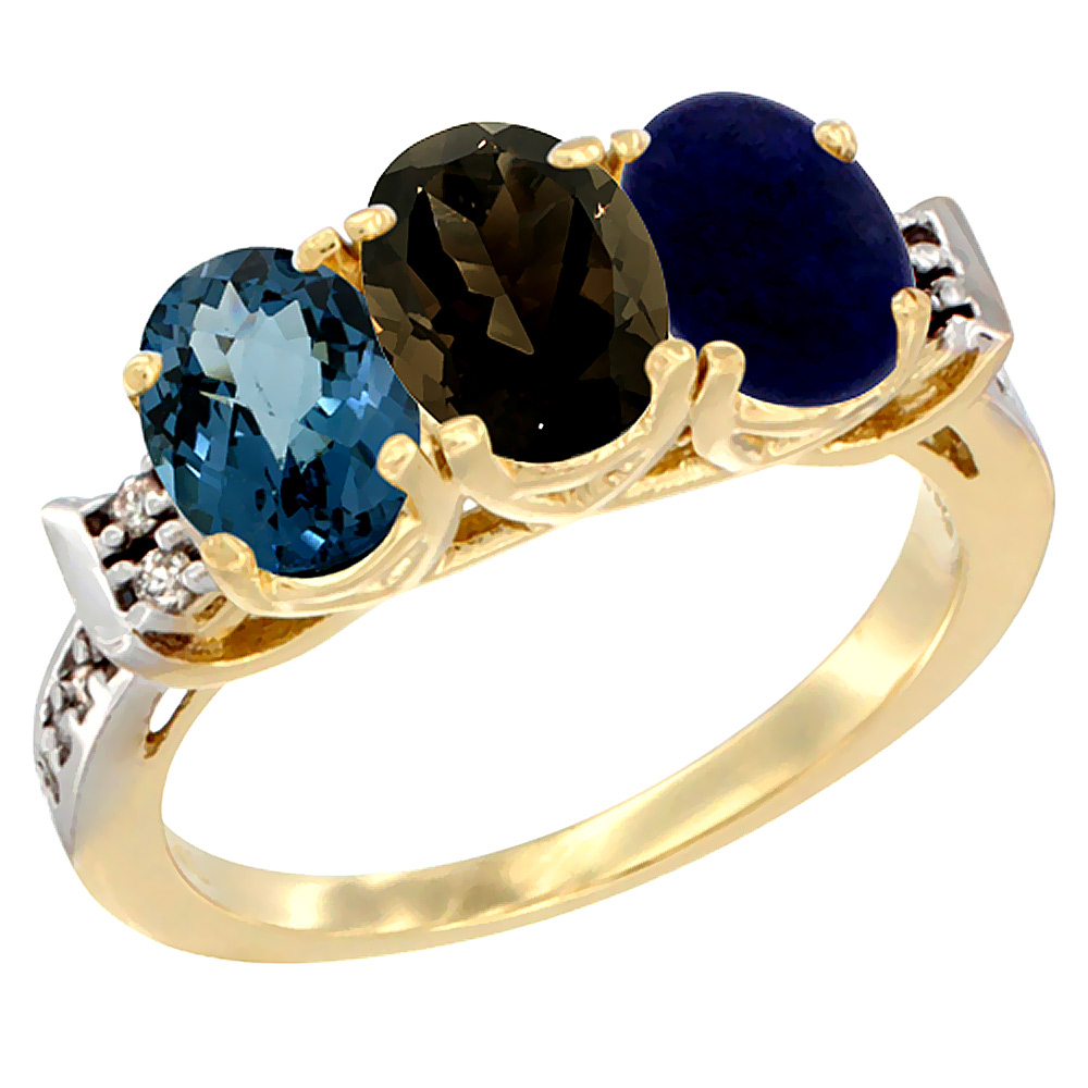 10K Yellow Gold Natural London Blue Topaz, Smoky Topaz &amp; Lapis Ring 3-Stone Oval 7x5 mm Diamond Accent, sizes 5 - 10