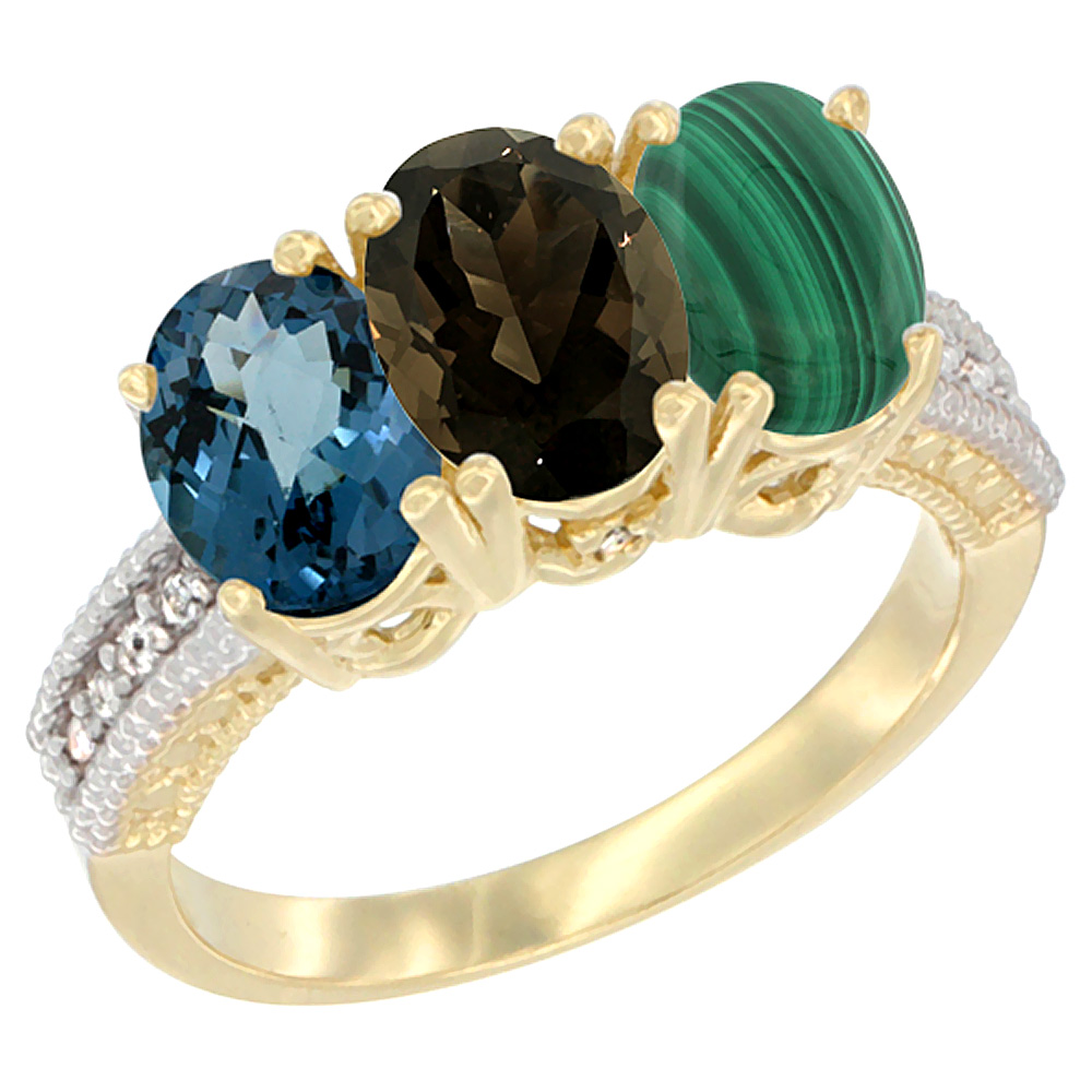 10K Yellow Gold Diamond Natural London Blue Topaz, Smoky Topaz &amp; Malachite Ring 3-Stone Oval 7x5 mm, sizes 5 - 10