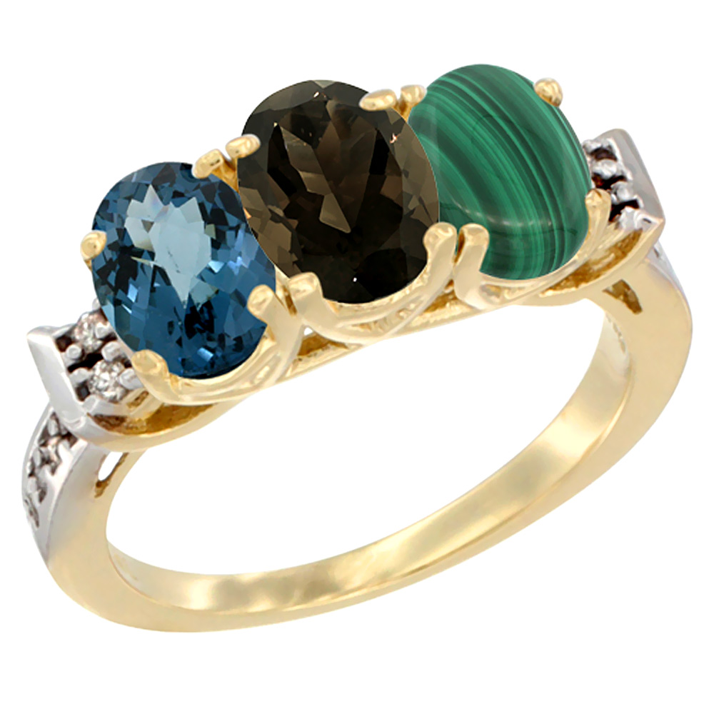 14K Yellow Gold Natural London Blue Topaz, Smoky Topaz & Malachite Ring 3-Stone 7x5 mm Oval Diamond Accent, sizes 5 - 10