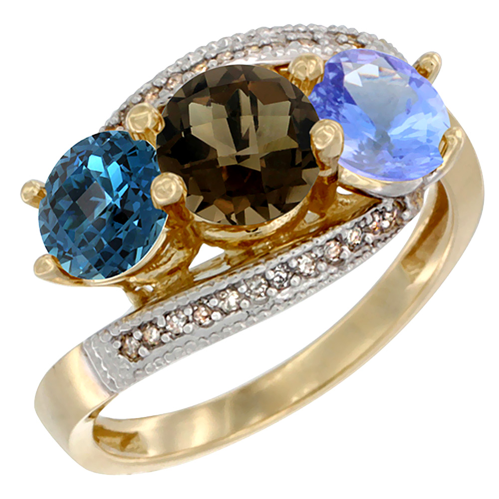 10K Yellow Gold Natural London Blue Topaz, Smoky Topaz &amp; Tanzanite 3 stone Ring Round 6mm Diamond Accent, sizes 5 - 10