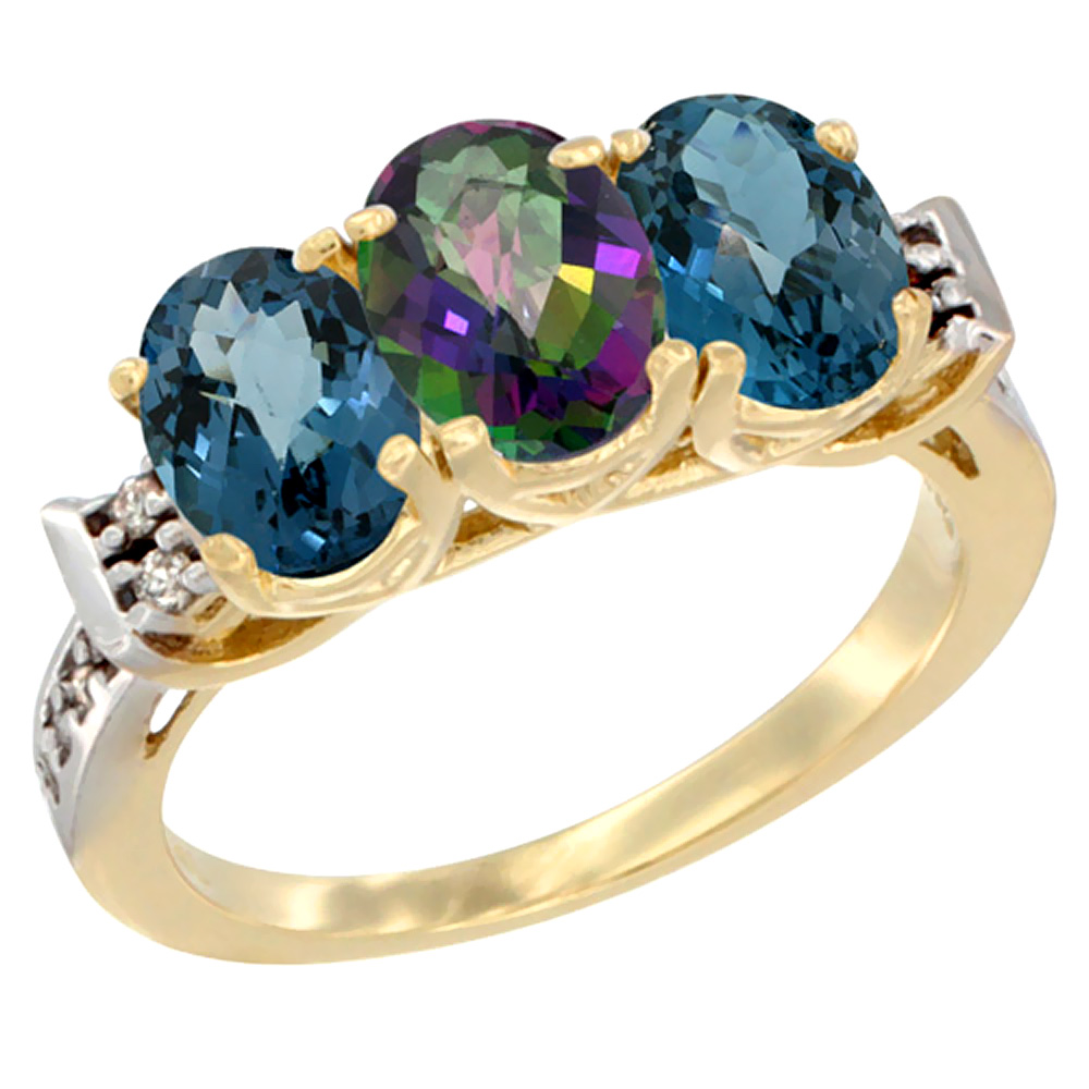 14K Yellow Gold Natural Mystic Topaz & London Blue Topaz Sides Ring 3-Stone 7x5 mm Oval Diamond Accent, sizes 5 - 10