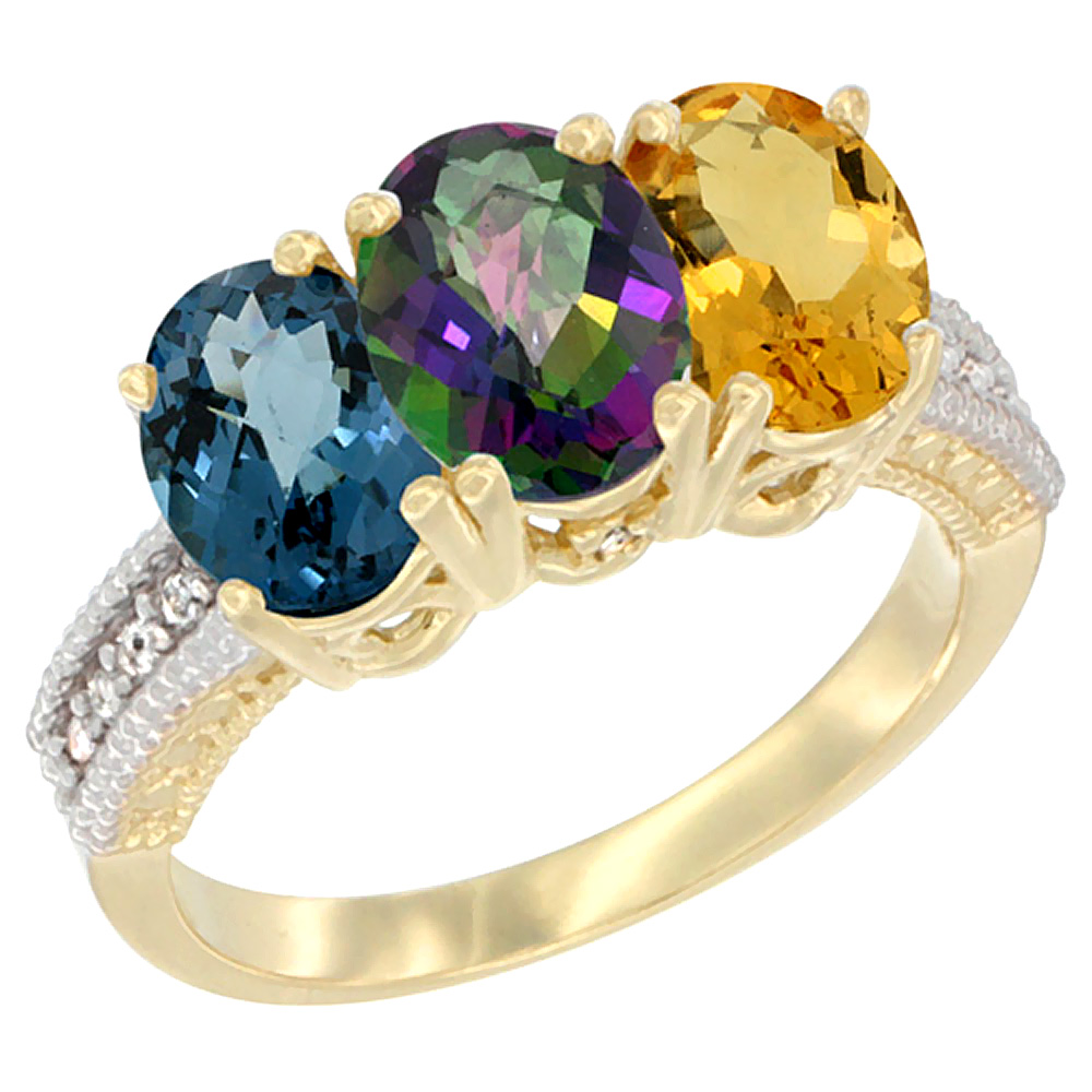 14K Yellow Gold Natural London Blue Topaz, Mystic Topaz & Citrine Ring 3-Stone 7x5 mm Oval Diamond Accent, sizes 5 - 10