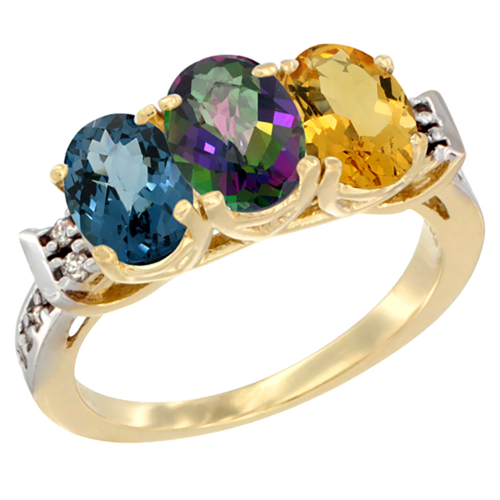 10K Yellow Gold Natural London Blue Topaz, Mystic Topaz & Citrine Ring 3-Stone Oval 7x5 mm Diamond Accent, sizes 5 - 10